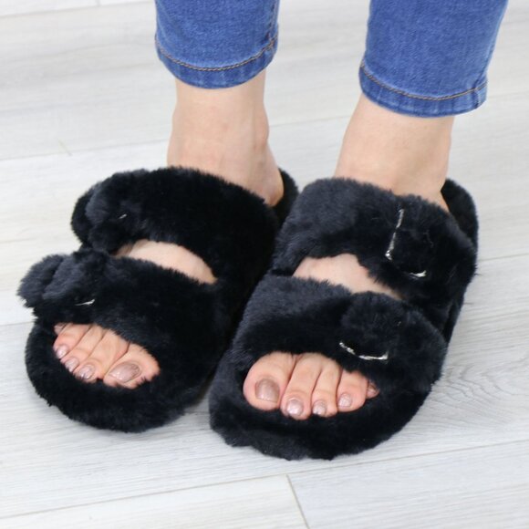 Black Puff Fuzzy Fluffy Slip On Plush Slippers Double Strap - Picture 8 of 16